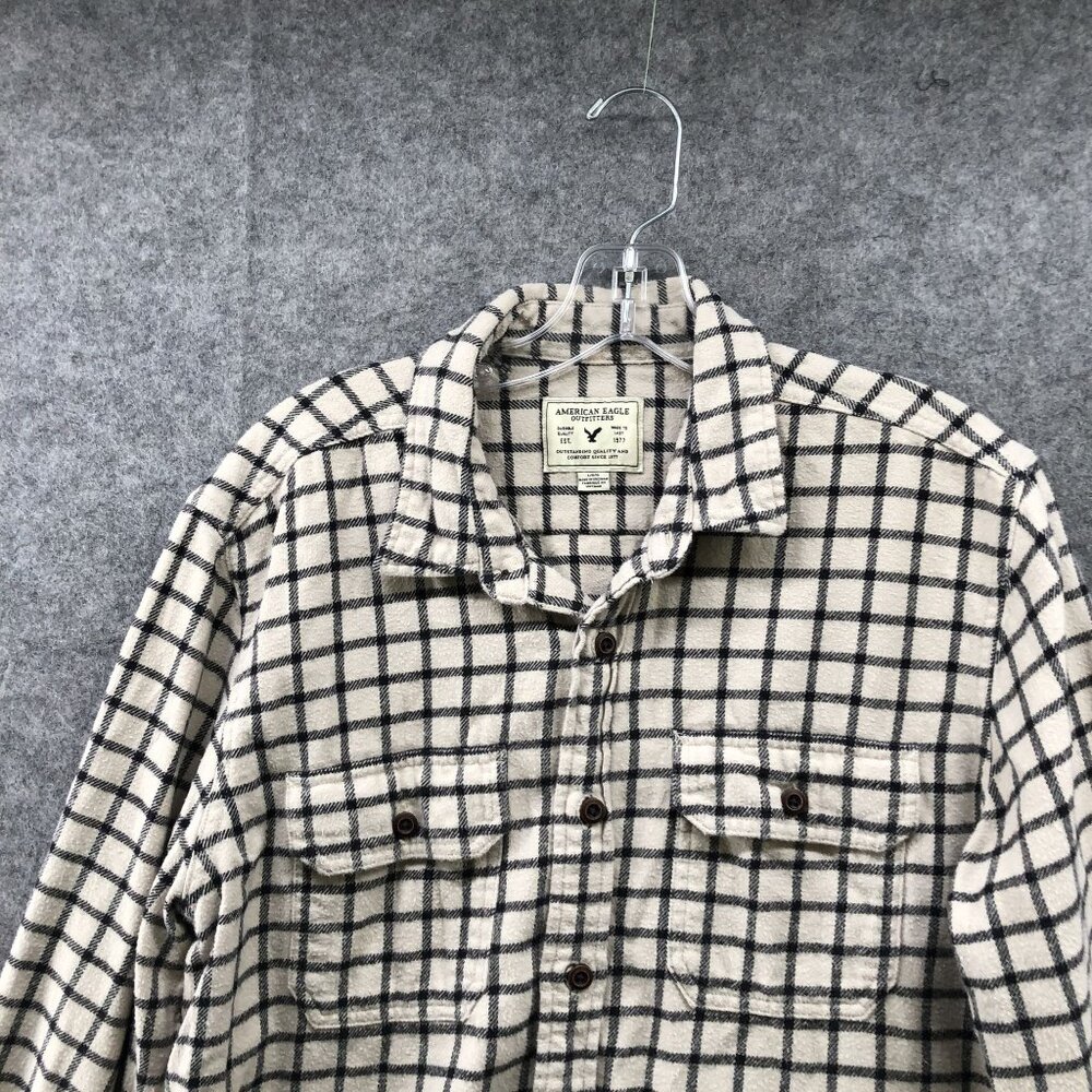 American Eagle Flannel Shirt Mens Large L Cream Black Grid Plaid Thick Shacket - Picture 3 of 10